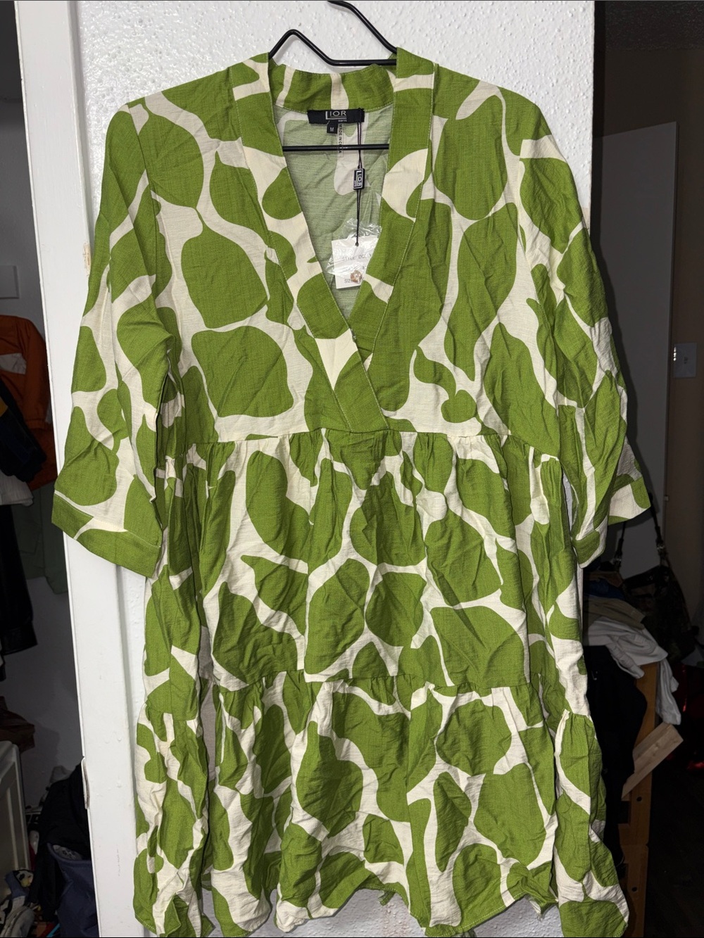 Lior paris Organic Cotton Green & White Printed V-Neck Midi Dress